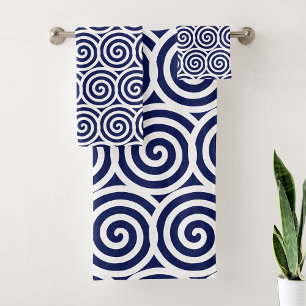 Conjunto De Toalhas Círculos Abstratos em Espiral em Azul Marinho e Br