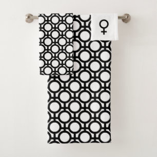 Conjunto De Toalhas Círculos e Linhas Abstratas Pretas em Banho Branco