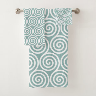 Conjunto De Toalhas Círculos Espirais Abstratos em Azul Prateado e Bra