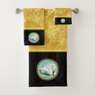 Conjunto De Toalhas Cisne em água turquesa com design Dourado e preto