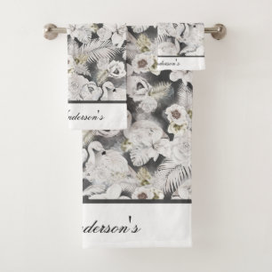 Conjunto De Toalhas Cisnes Flores Floral Elegante Stylish Branco Cinza