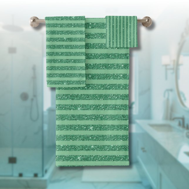 Conjunto De Toalhas Classic Jade Green Glitter Style Vertical Stripes (Criador carregado)