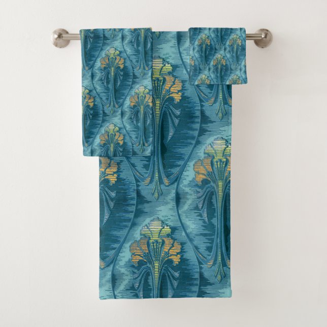 Conjunto De Toalhas Clássico Elegante Arte Nouveau Teal Wavy Floral (Insitu)