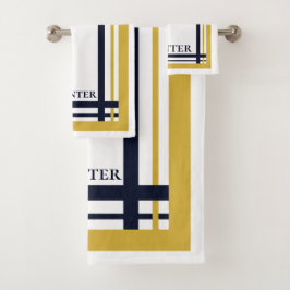 Conjunto De Toalhas Classy Dourado e Listrado Monograma Azul Marinho