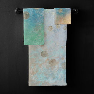 Conjunto De Toalhas Coastal Grunge   Azul e Verde Dourado