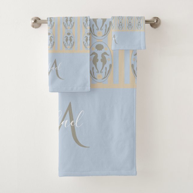 Conjunto De Toalhas Coastal Seahorse Cameo Blue Cream Strip Monogram  (Insitu)