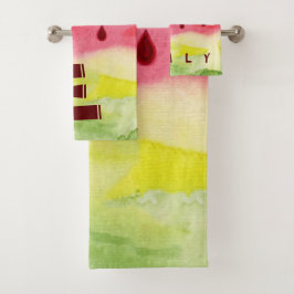 Conjunto De Toalhas Cód. Aquarela Vermelha Verde Melancia Monograma Cr