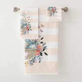 Conjunto De Toalhas Coelhinho bonito em uma cesta com ovos e flores Bo