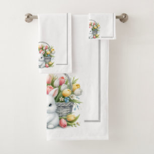 Conjunto De Toalhas Coelhinhos de Páscoa com Cesta e Tulipas