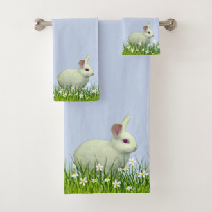 Conjunto De Toalhas Coelho Branco Fofo & Flores em Azul Claro