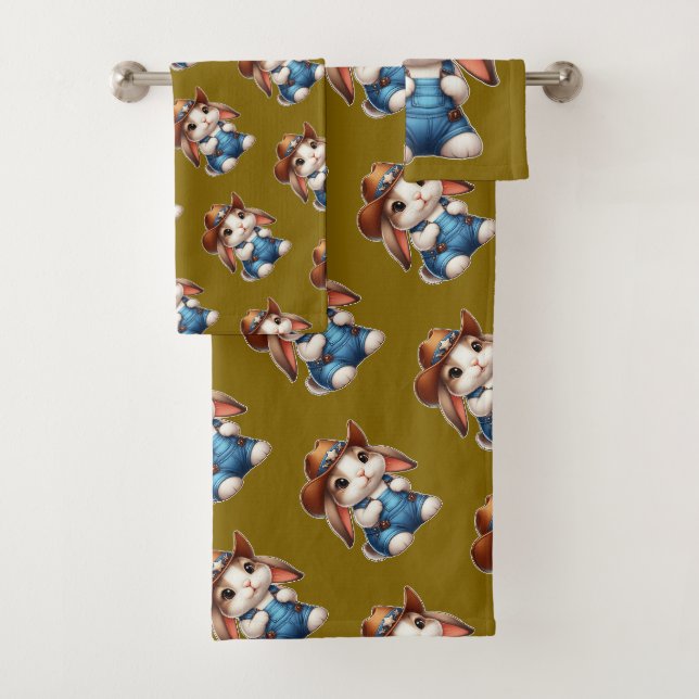Conjunto De Toalhas Coelho com Fantasia de Cowboy com Chapéu e Macacão (Insitu)
