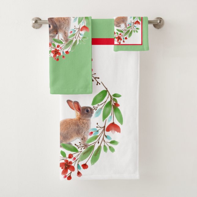 Conjunto De Toalhas Coelho Selvagem e Grinalda Floral Vermelha (Insitu)