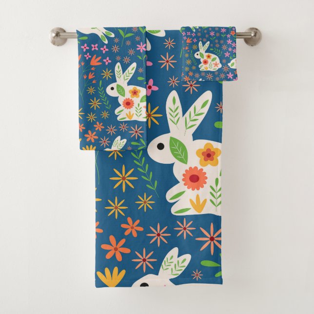 Conjunto De Toalhas Coelhos de Páscoa Brancos com Flores Caprichosas   (Insitu)