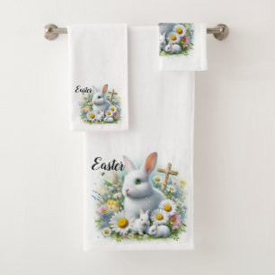 Conjunto De Toalhas Coelhos de Páscoa, flores selvagens e uma cruz