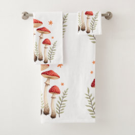 Conjunto De Toalhas Cogumelos Agáricos Vibrantes e Elementos Botânicos