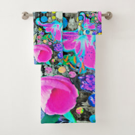 Conjunto De Toalhas Colagem de Lírio Stargazer, Rosa e Hibisco Rosa