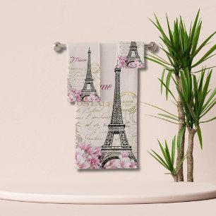Conjunto De Toalhas Colagem Romântica em Torre Eiffel de Paris Rosa Vi