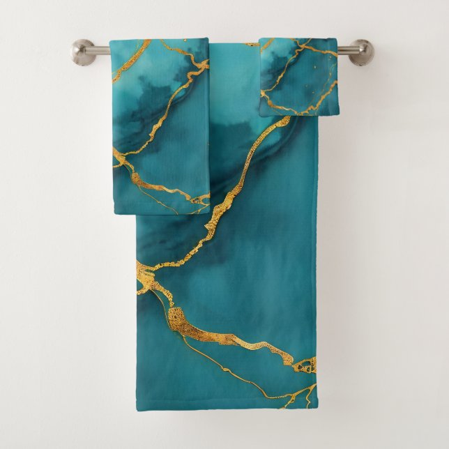 Conjunto De Toalhas Coleção de Mármore Dourado Azul Turquoise Trendy (Insitu)
