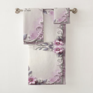 Conjunto de Toalhas com Moldura Floral Rosa