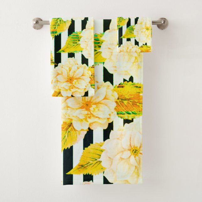 Conjunto de toalhas com risca amarela, preta e bra (Insitu)