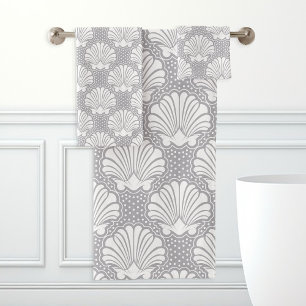 Conjunto De Toalhas Concha de Mar Cinza e Branco