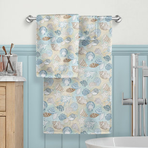 Conjunto De Toalhas Conchas Aqua Blue Brown Beach Coastal