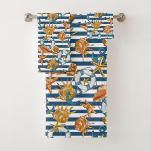 Conjunto De Toalhas Conchas do Mar com Ancoragem de Padrões Marinhos