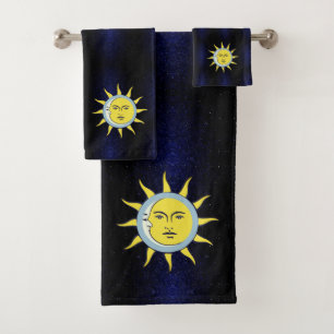 Conjunto De Toalhas Conjunção da Lua e do Sol na Galáxia Azul-Marinho