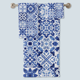 Conjunto De Toalhas Cor da Água do Padrão do Azulejo Branco Azul do Me