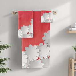 Conjunto De Toalhas Cor da Água Vermelha e Flores Brancas