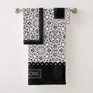 Conjunto De Toalhas Cor damasco preta e branca, bordas redimensionadas