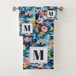 Conjunto De Toalhas Cor-de-rosa-negrito e Abstrato azul, monograma flo