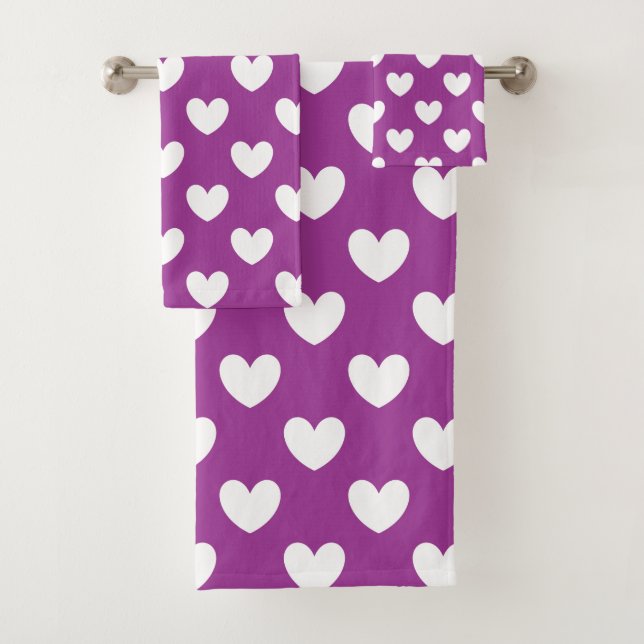 Conjunto De Toalhas Corações brancos de polca em roxo (Insitu)