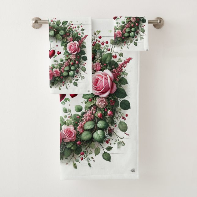 Conjunto De Toalhas Corações de Amor Rosas Dia dos Namorados  (Insitu)