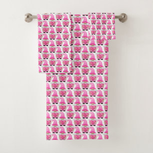 Conjunto De Toalhas Corações de Gnomos Rosa Floresta Escandinava Fofa