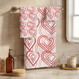 Conjunto De Toalhas Corações Desenhados à Mão em Vermelho e Rosa Padrã