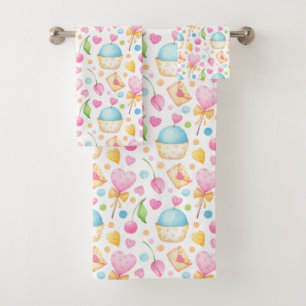 Conjunto De Toalhas Corações e Cupcakes Padrões de Aquarela Doce