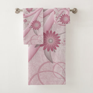 Conjunto De Toalhas Corações e Flores Abstratos Rosa Arte Fractal do A