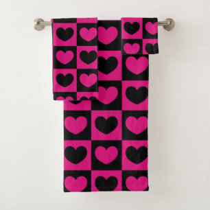 Conjunto De Toalhas Corações Rosa e Preto