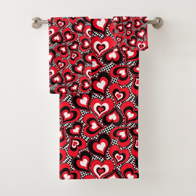 Conjunto De Toalhas Corações, vermelho, preto, branco (Insitu)