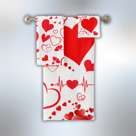 Conjunto De Toalhas Corações Vermelhos Simples Amor Romântico Em Branc