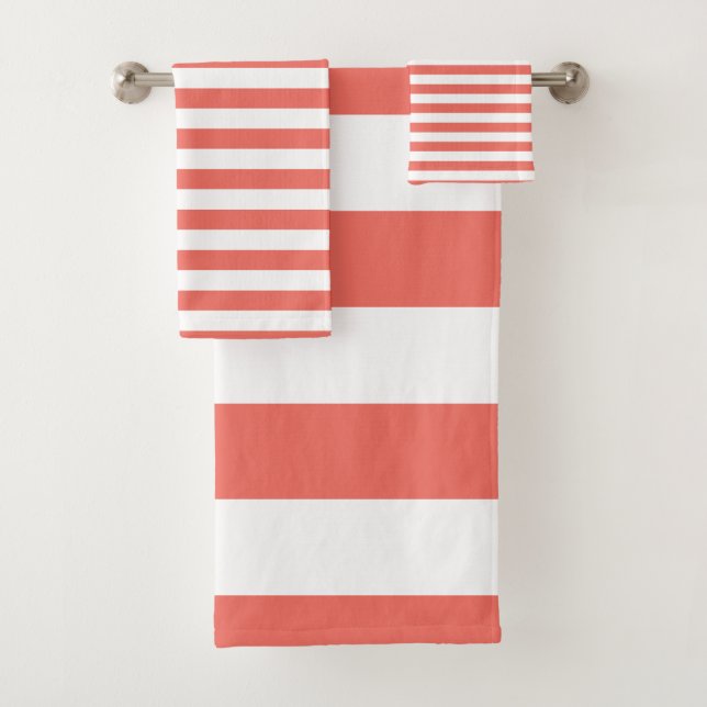 Conjunto De Toalhas Coral moderno e teste padrão listrado branco (Insitu)