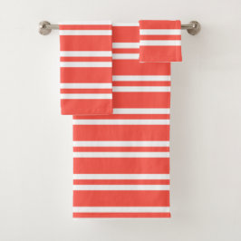 Conjunto De Toalhas Coral Vermelho e White Stripes