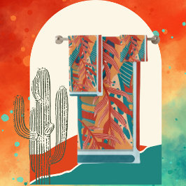 Conjunto De Toalhas Cores De Folhas Tropicais, Vermelho, Laranja E Bea