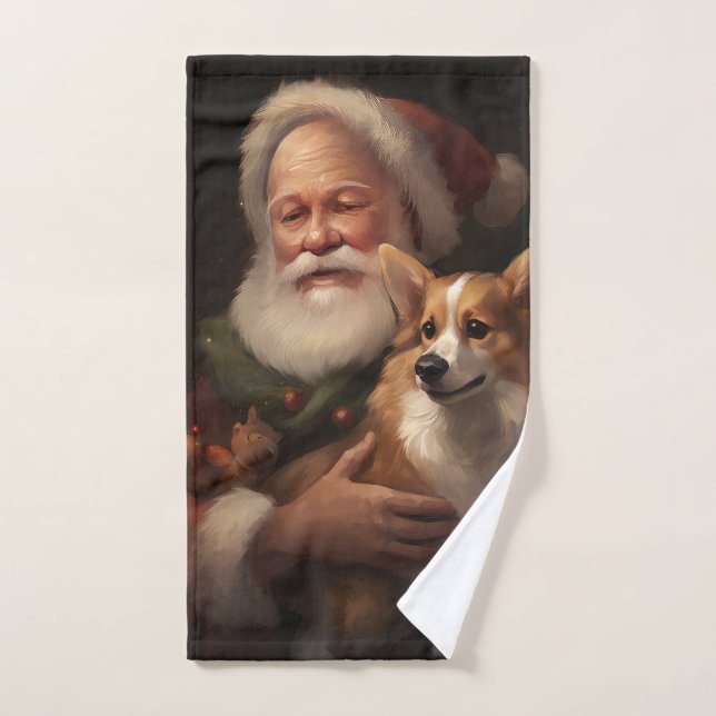 Conjunto De Toalhas Corgi com Papai Noel Natal Festivo (Toalha de mão)