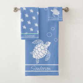 Conjunto De Toalhas Cornflower Blue Monograma White Sea Turtle Náutico