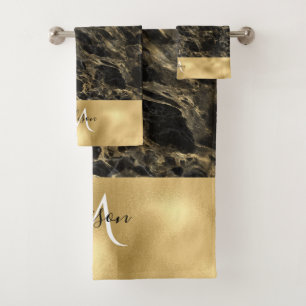 Conjunto De Toalhas Cortina de Banho com Monograma de Mármore Preto e
