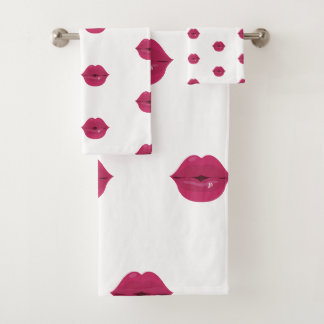 Conjunto De Toalhas Cortina de Banho Lábios Beijo Rosa Batom