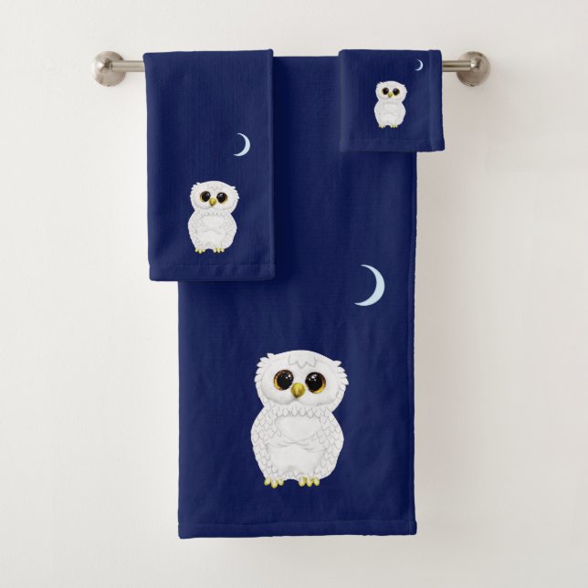 Conjunto De Toalhas Coruja Branca e Lua Crescente em Azul Marinho (Insitu)