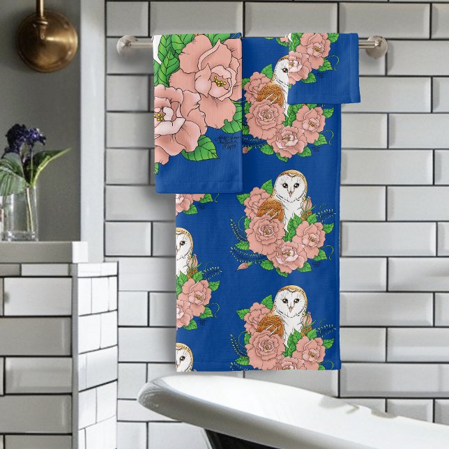 Conjunto De Toalhas Coruja-Celeiro Azul Flores Rosa (Criador carregado)